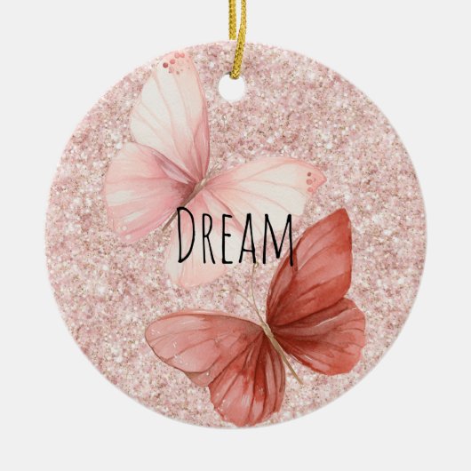 Red Pink Glitter Butterflies Christmas Keramisch Ornament (Voorkant)