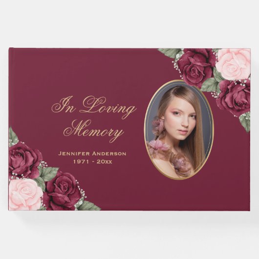 Red Pink Gold Floral Foto Memorial Gastenboek (Voorkant)