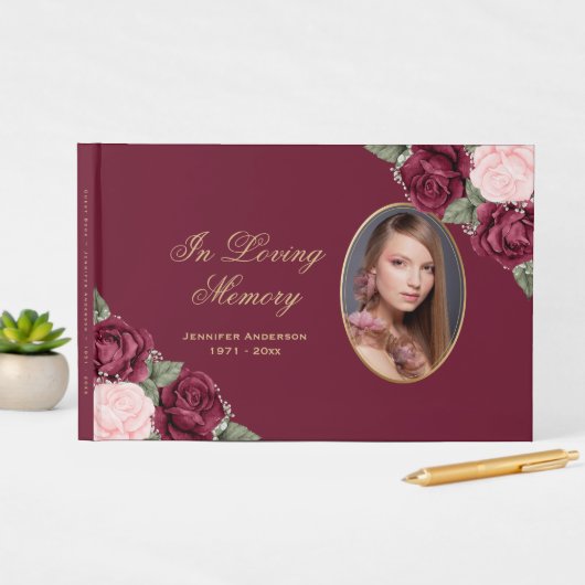 Red Pink Gold Floral Foto Memorial Gastenboek (Insitu Display)