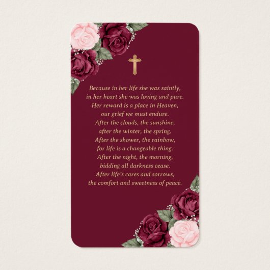 Red Pink Gold Floral Funeral Prayer Kaart (Achterkant)