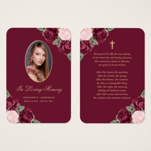 Red Pink Gold Floral Memorial Funeral Prayer Kaart (Voorkant /achterkant)