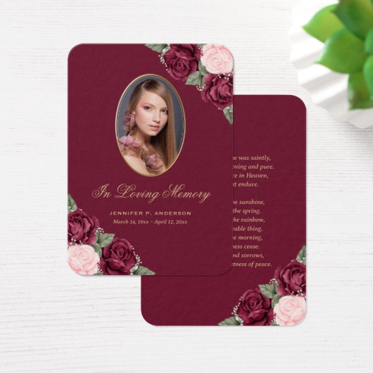 Red Pink Gold Floral Memorial Funeral Prayer Kaart (Bureau)