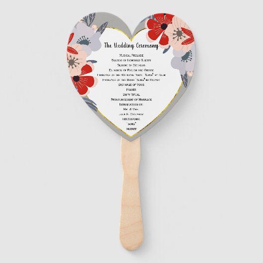 Red Pink Gold Floral Wedding Program Fan Handwaaier (Voorkant)