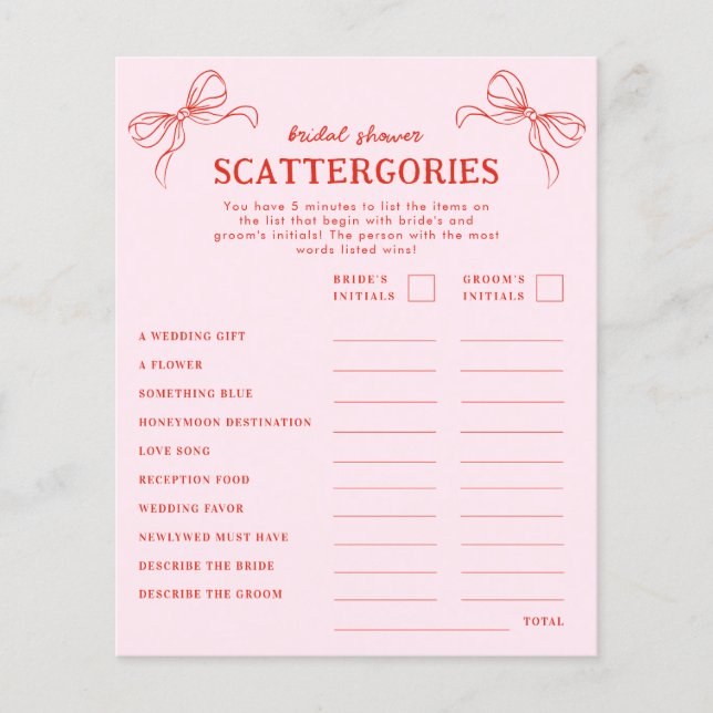 Red Pink Hand Drawn Bow Holiday Scattergories Game (Voorkant)