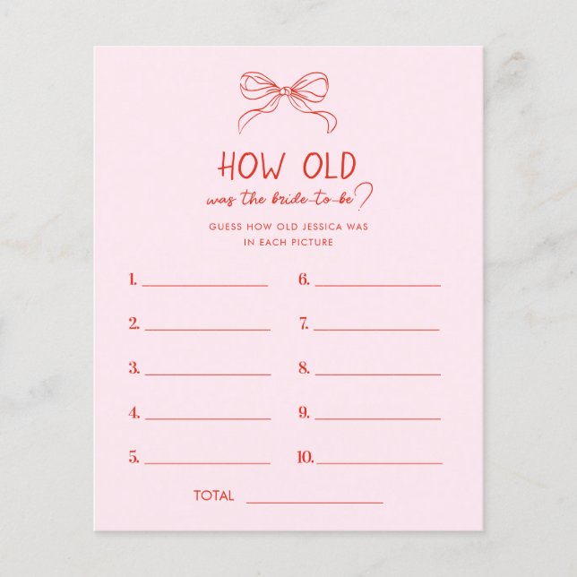 Red Pink Hand Drawn Bow How Old Was the Bride Game (Voorkant)