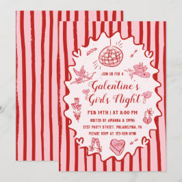 Red Pink Hand Drawn Galentine's Girls Night Party Kaart