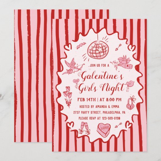 Red Pink Hand Drawn Galentine's Girls Night Party Kaart (Voorkant / Achterkant)