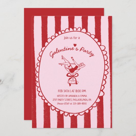 Red Pink Hand Drawn Galentine's Party Kaart (Voorkant / Achterkant)