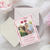 Red Pink Heart-Shaped Locket Monogram Photo Save The Date