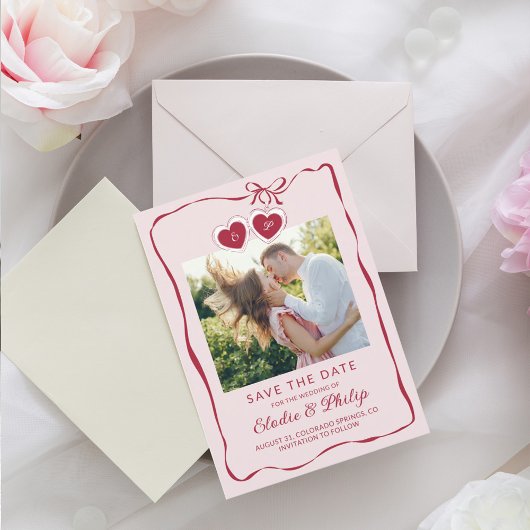 Red Pink Heart-Shaped Locket Monogram Photo Save The Date