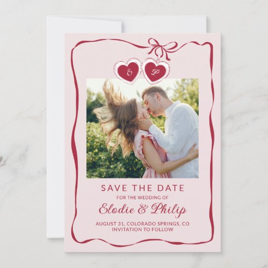 Red Pink Heart-Shaped Locket Monogram Photo Save The Date (Voorkant)