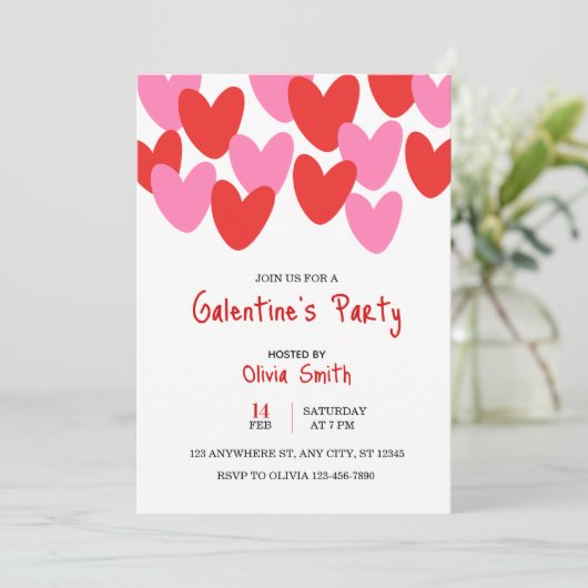 red pink hearts Galentine’s Day invitation, hearts Kaart (Staand voorkant)