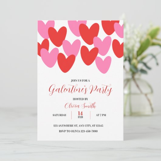 RED PINK HEARTS GALENTINES DAY PARTY INVITATION KAART (Staand voorkant)