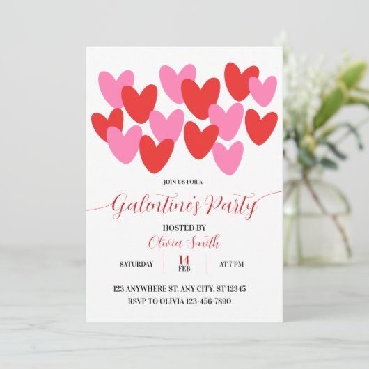 RED PINK HEARTS GALENTINES DAY PARTY INVITATION KAART (Staand voorkant)