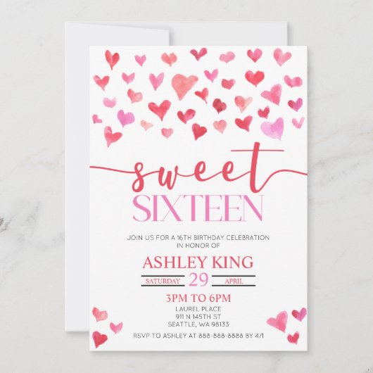 Red Pink Hearts Sweet Zestien 16e verjaardag Parti Kaart (Voorkant)
