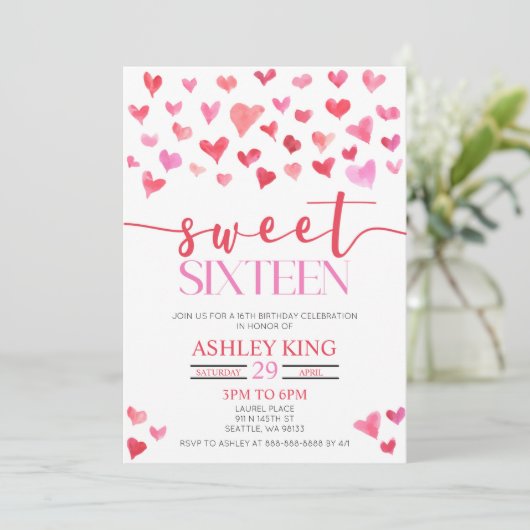Red Pink Hearts Sweet Zestien 16e verjaardag Parti Kaart (Staand voorkant)