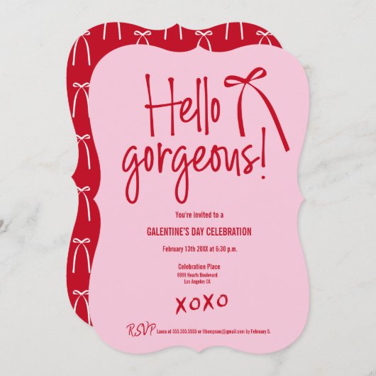 Red Pink Hello Gorgeous bow doodle Galentine’s Kaart (Voorkant / Achterkant)