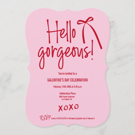 Red Pink Hello Gorgeous bow doodle Galentine’s Kaart (Voorkant)