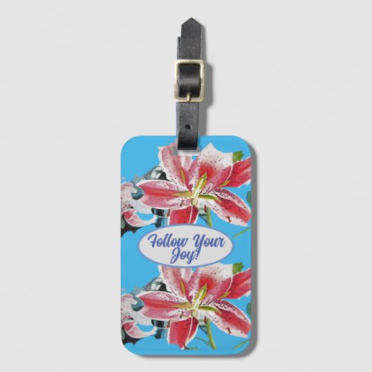 Red Pink Lily Lillies floral Blue Your Joy Bagagelabel (Voorkant (verticaal))
