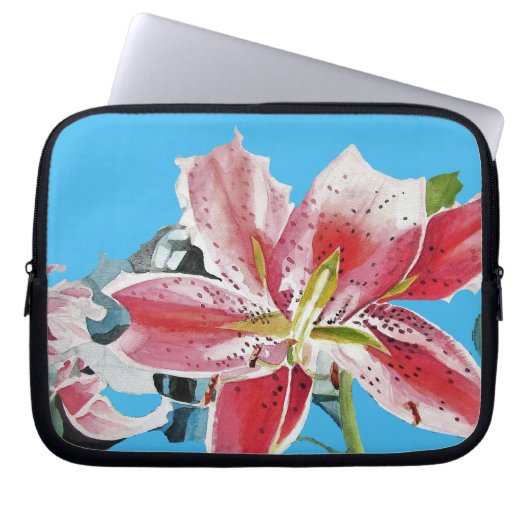 Red Pink Lily Lillies floral Blue Your Joy Laptop Sleeve (Voorkant)