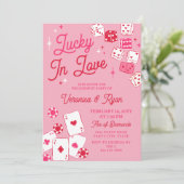 Red Pink Lucky In Love Dice Cards Engagement Party Kaart (Staand voorkant)