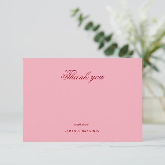 Red pink Minimalist Script Wedding Thank You Bedankkaart (Staand voorkant)