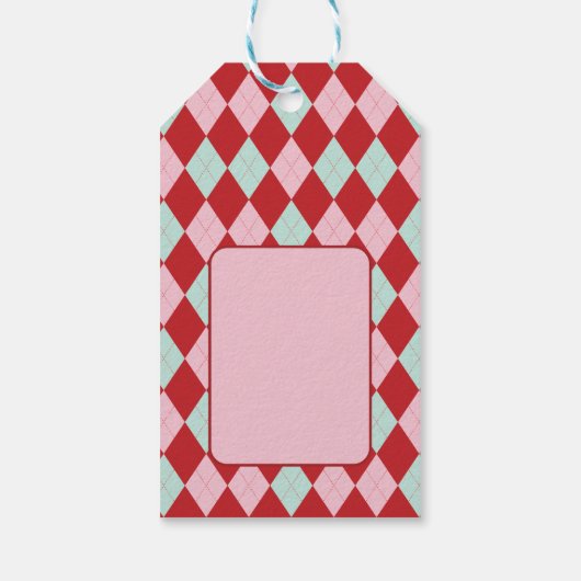 Red Pink & Mint Christmas Argyle Cadeaulabel (Achterkant)