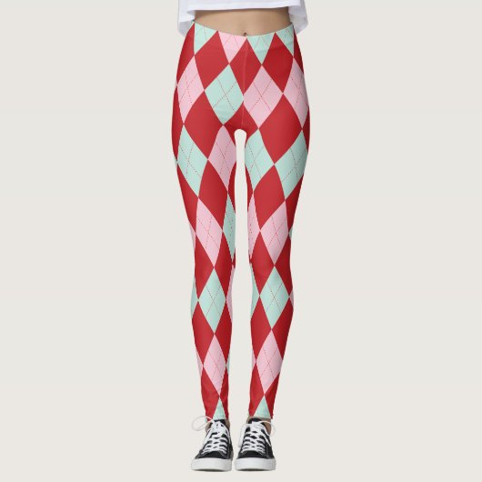 Red Pink & Mint Christmas Argyle Leggings (Voorkant)