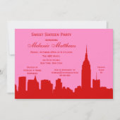 Red Pink NYC Skyline Silhouette Sweet Sixteen Kaart (Voorkant)