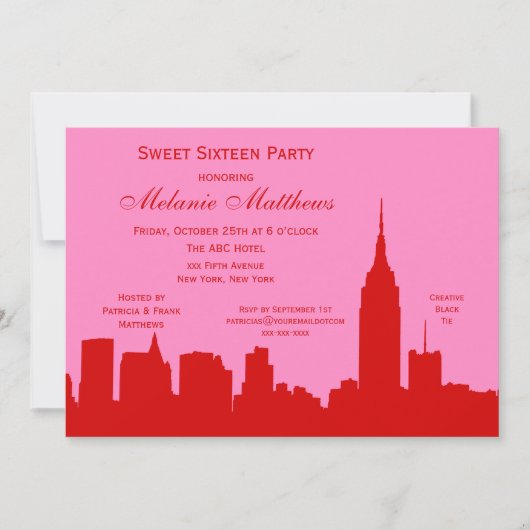 Red Pink NYC Skyline Silhouette Sweet Sixteen Kaart (Voorkant)