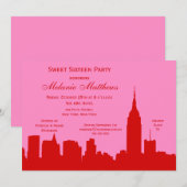 Red Pink NYC Skyline Silhouette Sweet Sixteen Kaart (Voorkant / Achterkant)