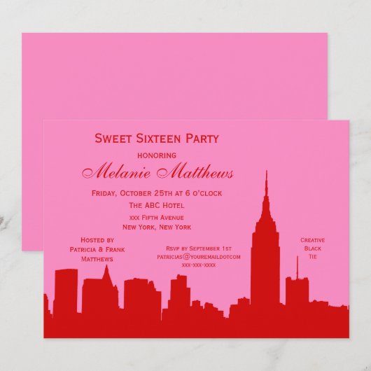 Red Pink NYC Skyline Silhouette Sweet Sixteen Kaart (Voorkant / Achterkant)