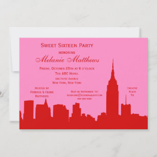 Red Pink NYC Skyline Silhouette Sweet Sixteen Kaart