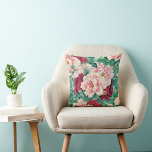 Red Pink Peonies & Green Leaves Pattern Kussen