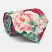 Red Pink Peonies & Green Leaves Pattern Stropdas (Opgerold)