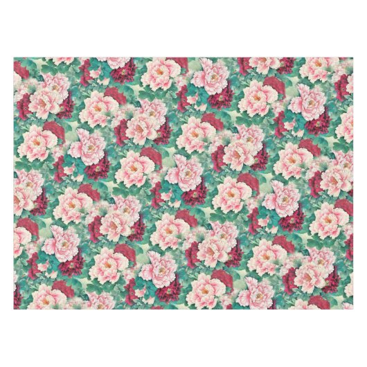 Red Pink Peonies & Green Leaves Pattern Tafelkleed (Voorkant (Horizontaal))