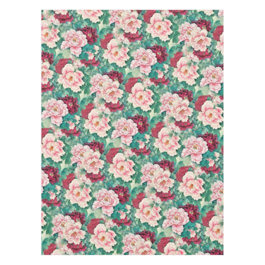 Red Pink Peonies & Green Leaves Pattern Tafelkleed (Voorkant)
