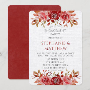 Red Pink Peony White Linen Engagement Party Kaart