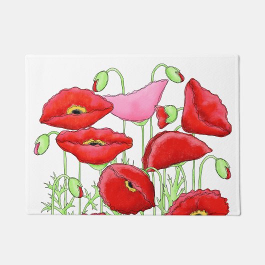 Red Pink Poppies Art Aangepast decoratief wit Deurmat (Voorkant)