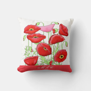 Red Pink Poppies Art aangepast monogram op maat Kussen