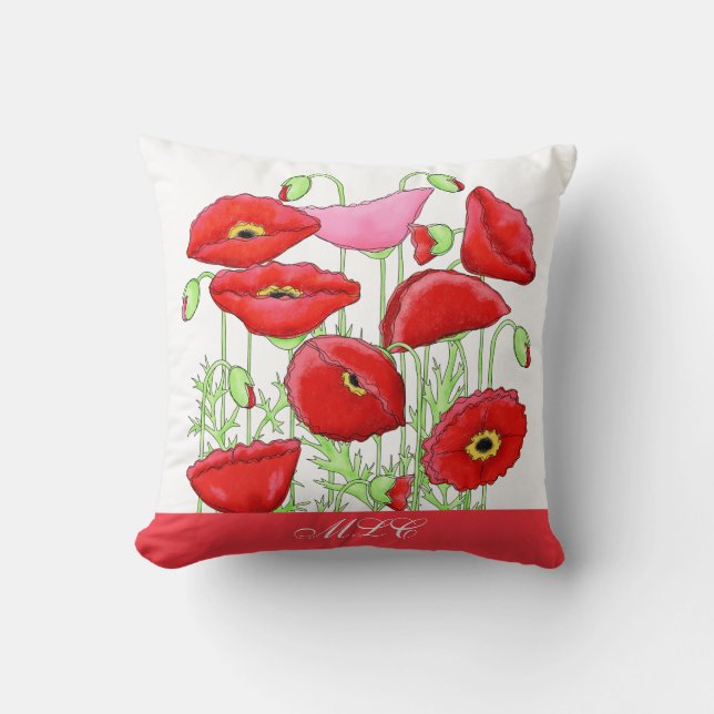 Red Pink Poppies Art aangepast monogram op maat Kussen (Voorkant)