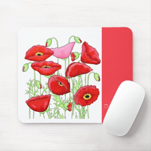 Red Pink Poppies Art aangepast monogram op maat Muismat (Met muis)