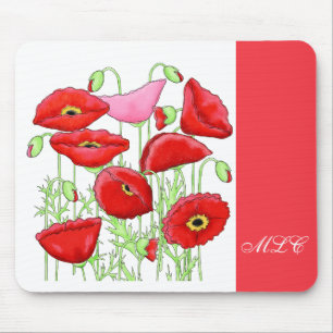 Red Pink Poppies Art aangepast monogram op maat Muismat