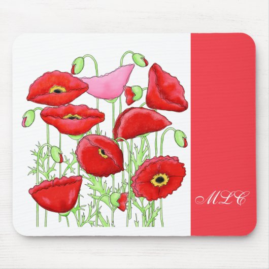 Red Pink Poppies Art aangepast monogram op maat Muismat (Voorkant)