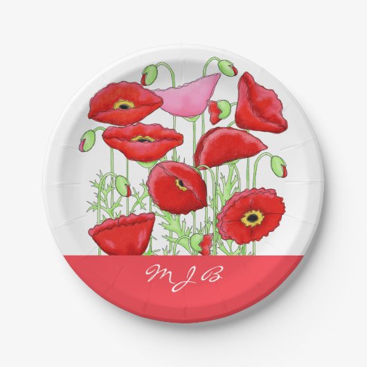 Red Pink Poppies Art aangepast monogram op maat Papieren Bordje (Voorkant)