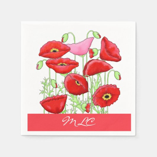 Red Pink Poppies Art aangepast monogram op maat Servetten (Voorkant)