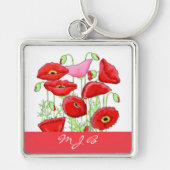 Red Pink Poppies Art aangepast monogram op maat Sleutelhanger (Voorkant)