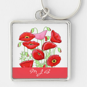 Red Pink Poppies Art aangepast monogram op maat Sleutelhanger