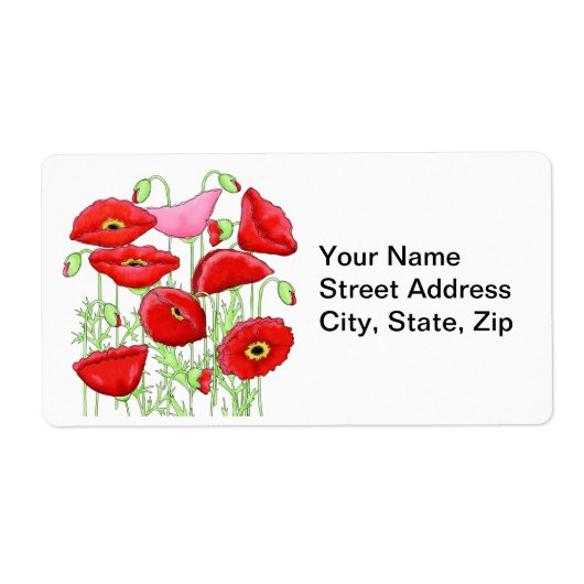 Red Pink Poppies Art Aangepaste naam Etiket (Voorkant)