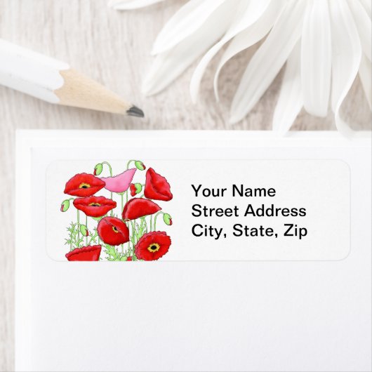 Red Pink Poppies Art Aangepaste naam Etiket (Insitu)